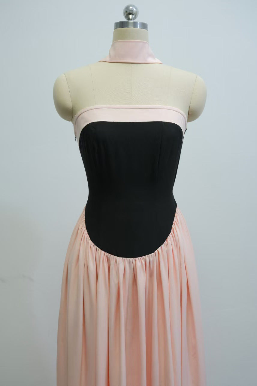 Women Summer Strapless Color Block Pleated Dress 7