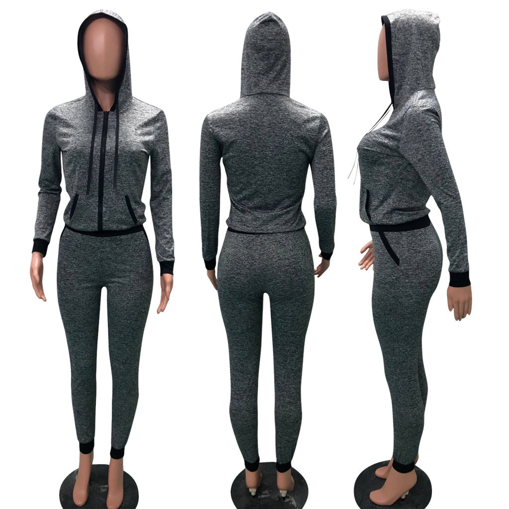 Women'S Zip Hooded Long Sleeve Tracksuit Two-Piece Trousers Set 13