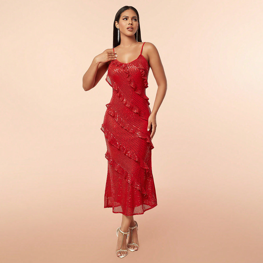 Summer Women Sexy Sequin Backless Suspender Maxi Dress 7