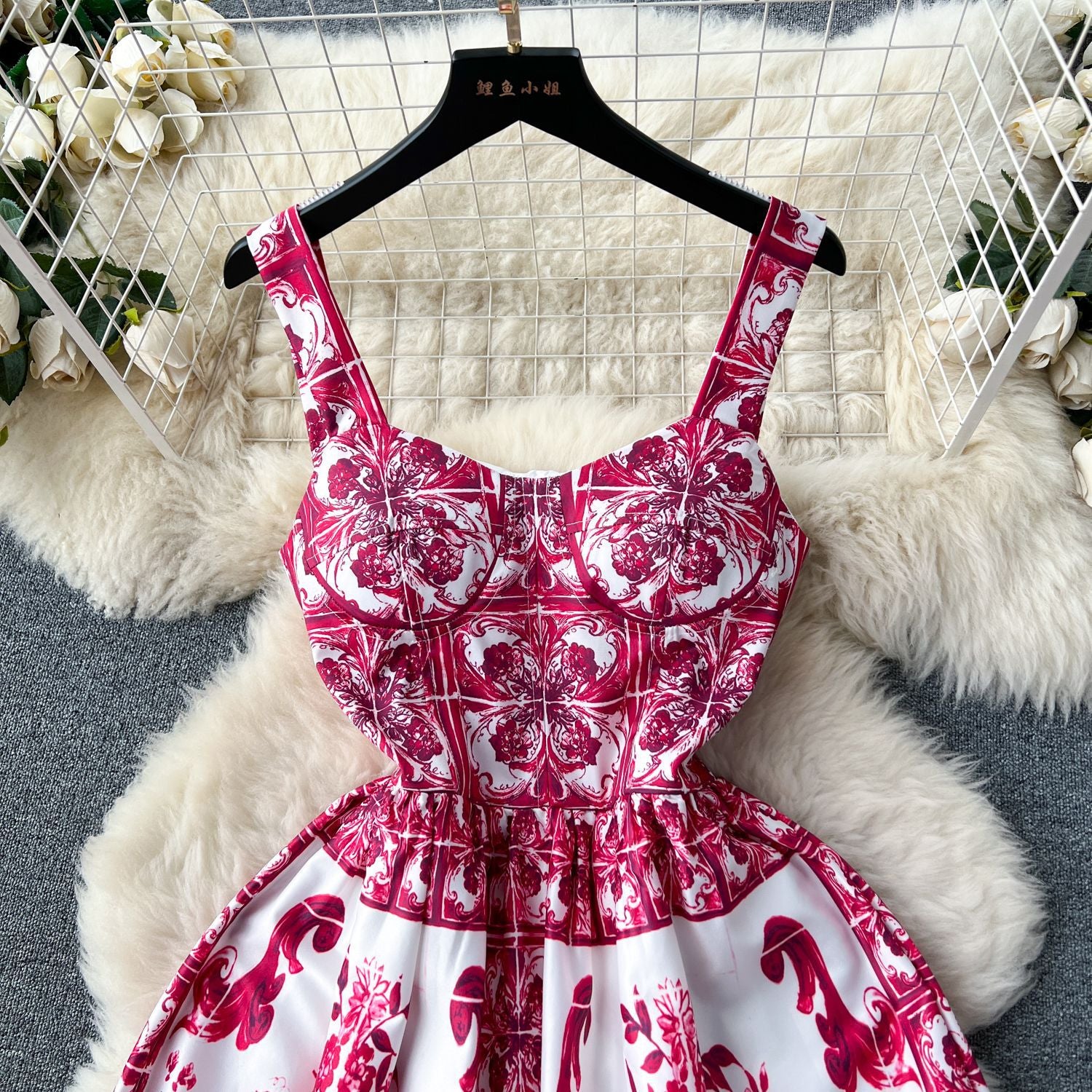 Women French Suspender Printed Strapless Dress 22
