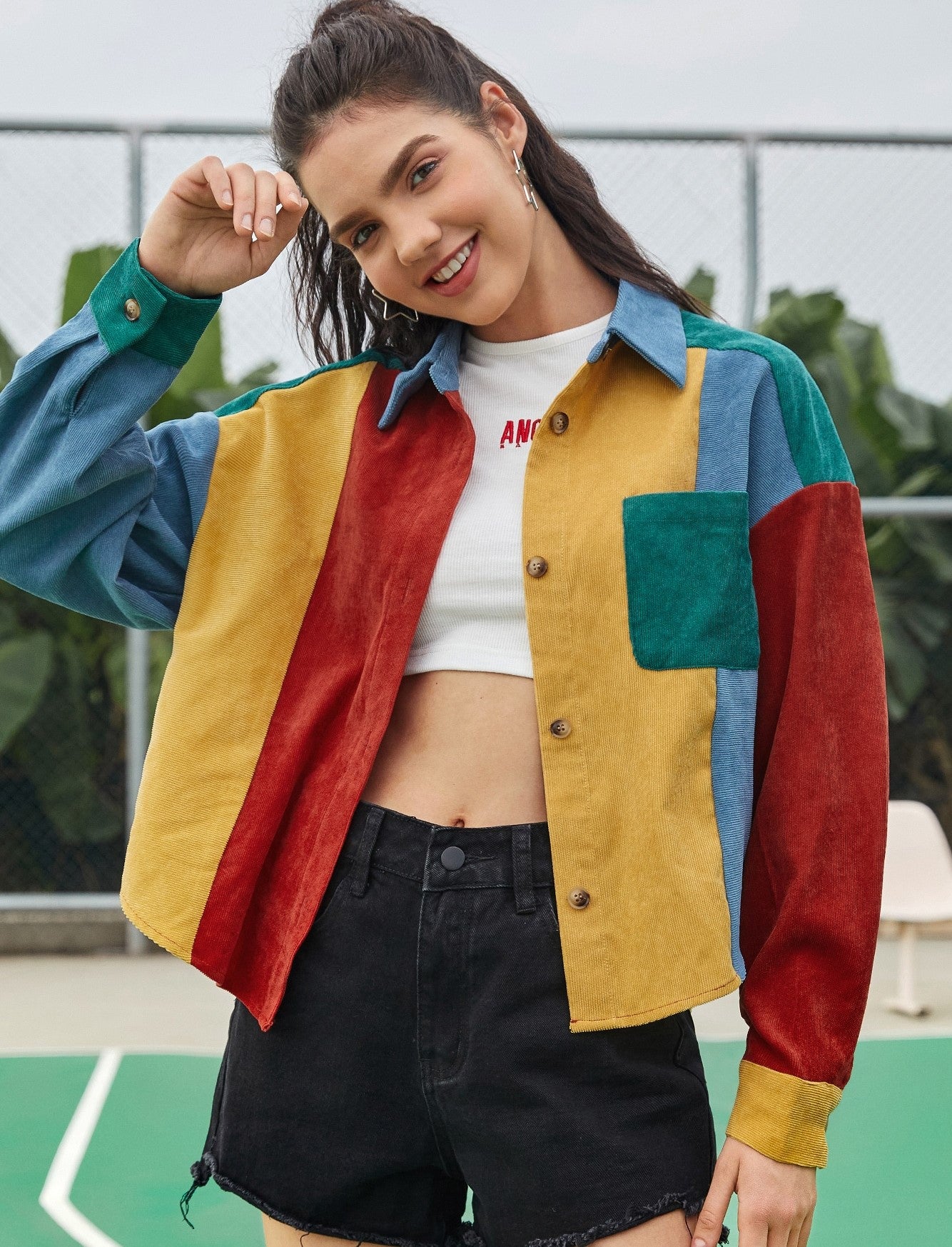 Women corduroy Patchwork Casual Loose Contrast Jacket