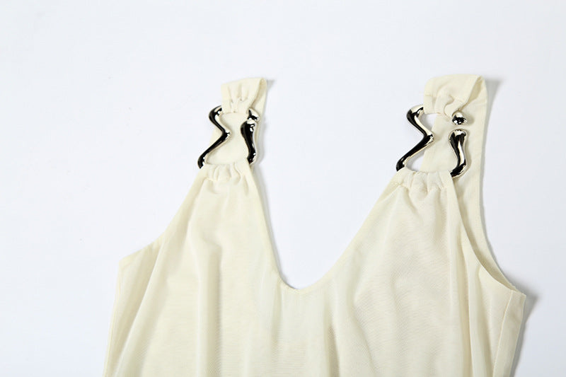 Spring Sexy Slim V-Neck Low Back Strap Long Mesh Dress 5