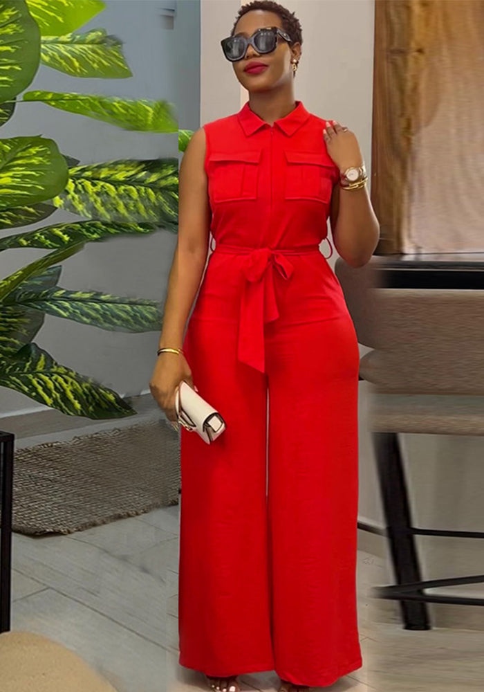 Women's Winter And Spring Turndown Collar Pocket Slim Waist Loose Wide Leg Sleeveless Jumpsuit