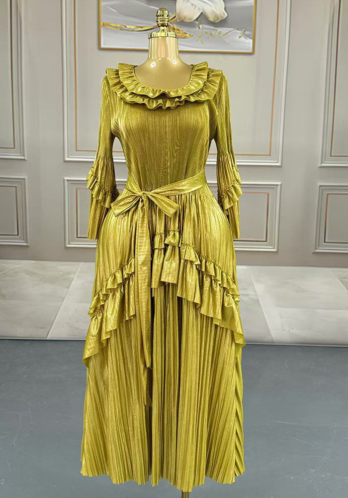 Plus Size Women Bell Bottom Sleeve Elegant Shiny Pleated Dress