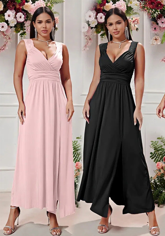 Women Sexy V-neck Sleeveless Lace Slit Dress