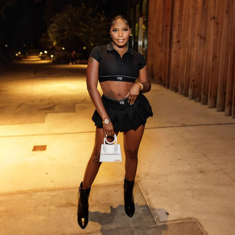 Women Casual Crop Polo T-shirt And Skirt Two-piece Set