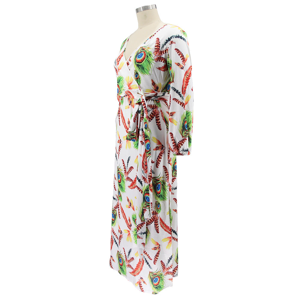 Plus Size Women Feather Print Sexy Slit Dress 15