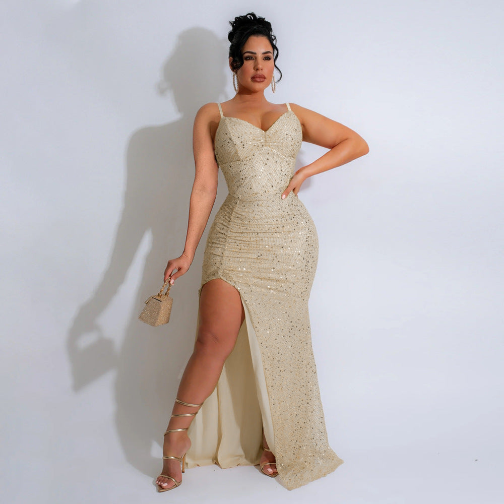 Women Sequined Strap Formal Party Sexy Ball Dress 4