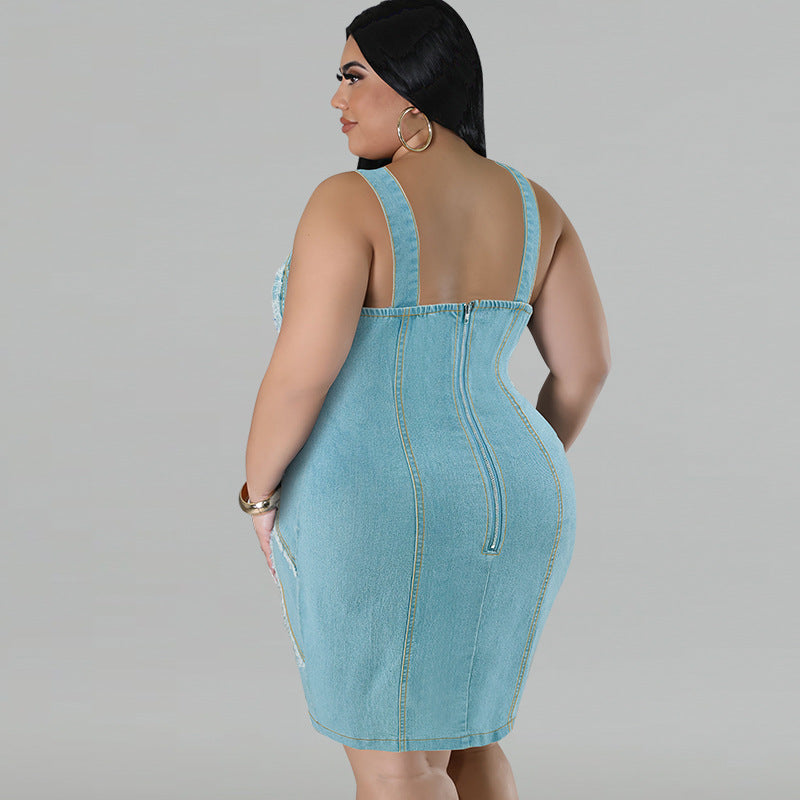Plus Size Women's Denim Strap Sleeveless Bodycon Denim Dress 4