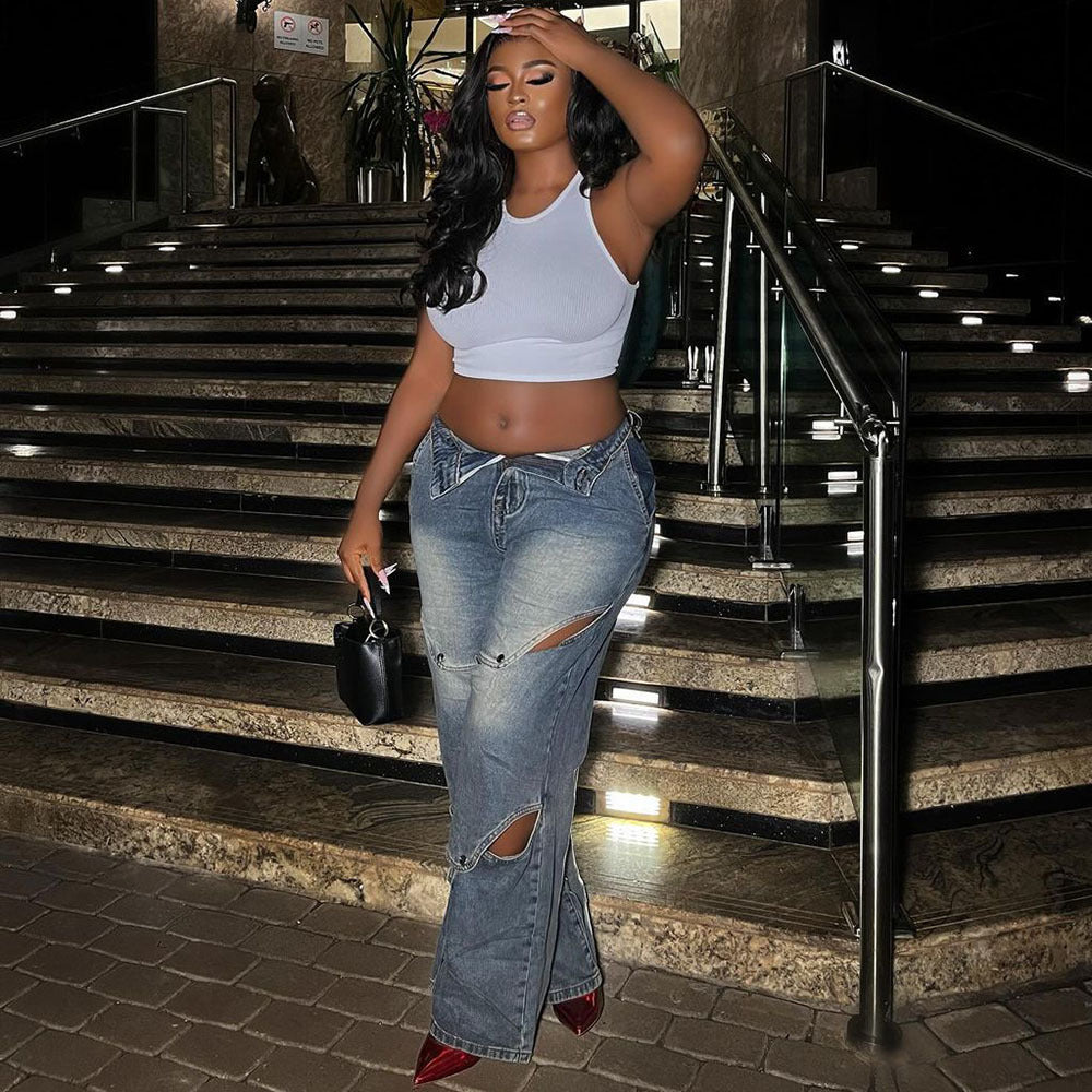 Women Casual button Denim Pants 4