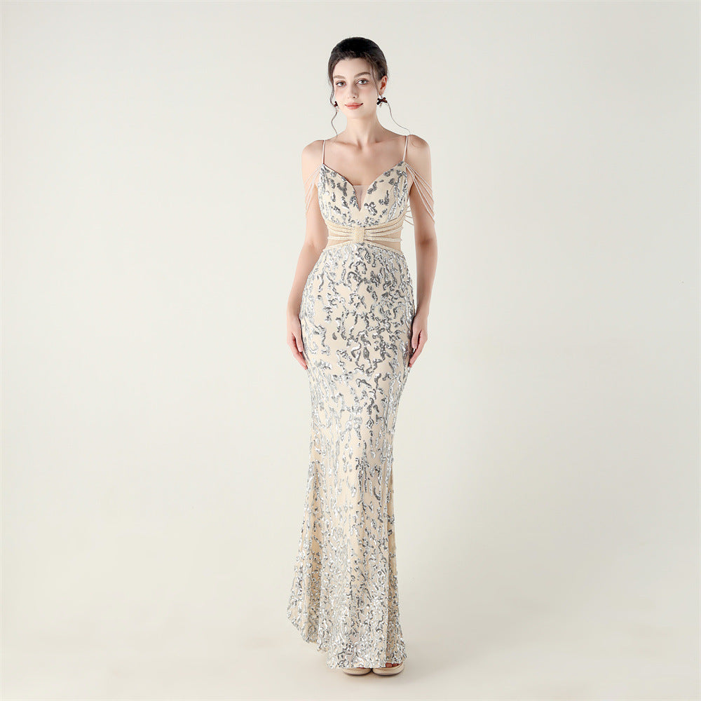 Beaded Sequin Fishtail Evening Dress Wedding Formal Party Gown 3