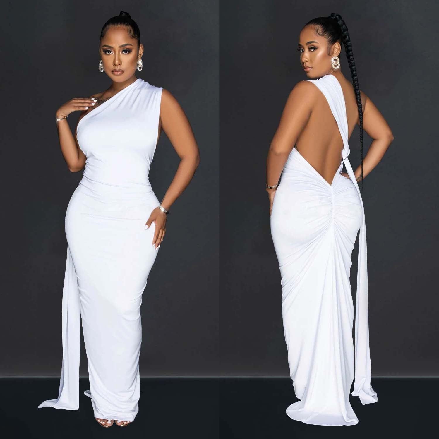 Women's Fashion Solid Color Low Back Pleated Irregular Maxi Dress For Women 5