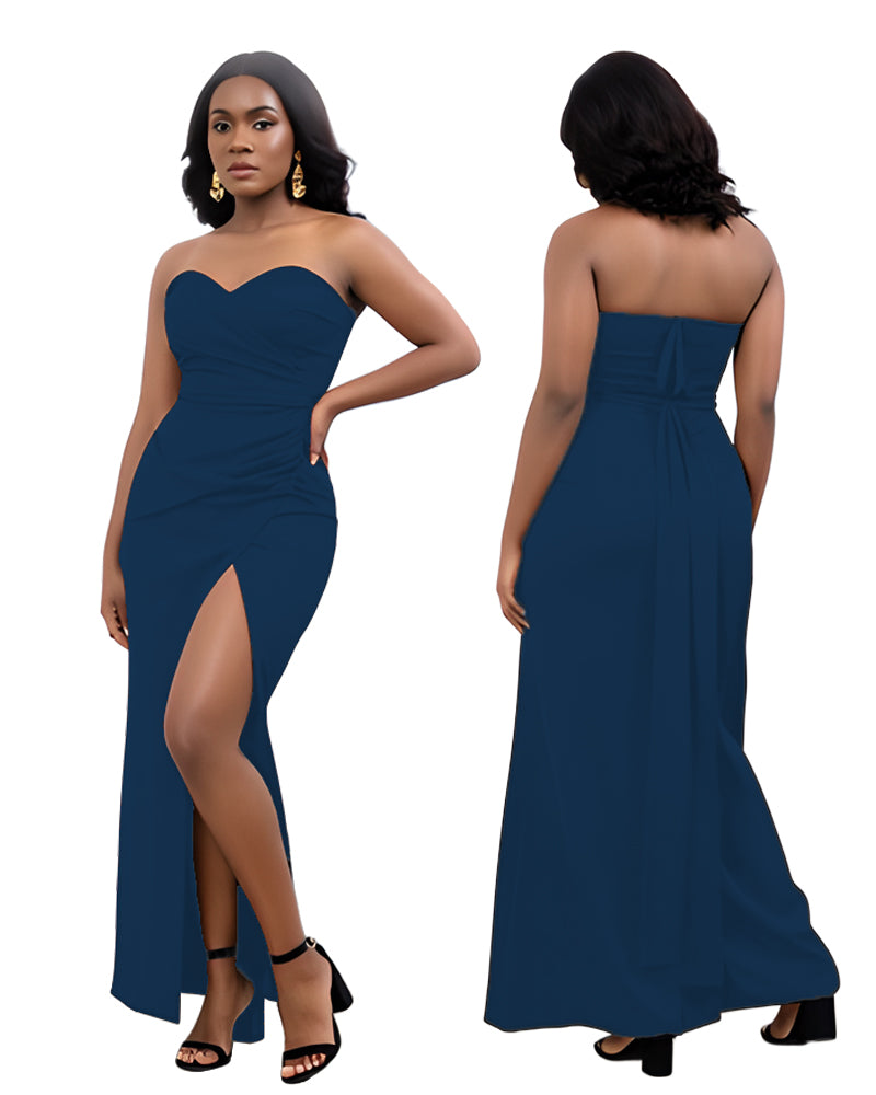 Solid Color Strapless Slit Long Dress 4