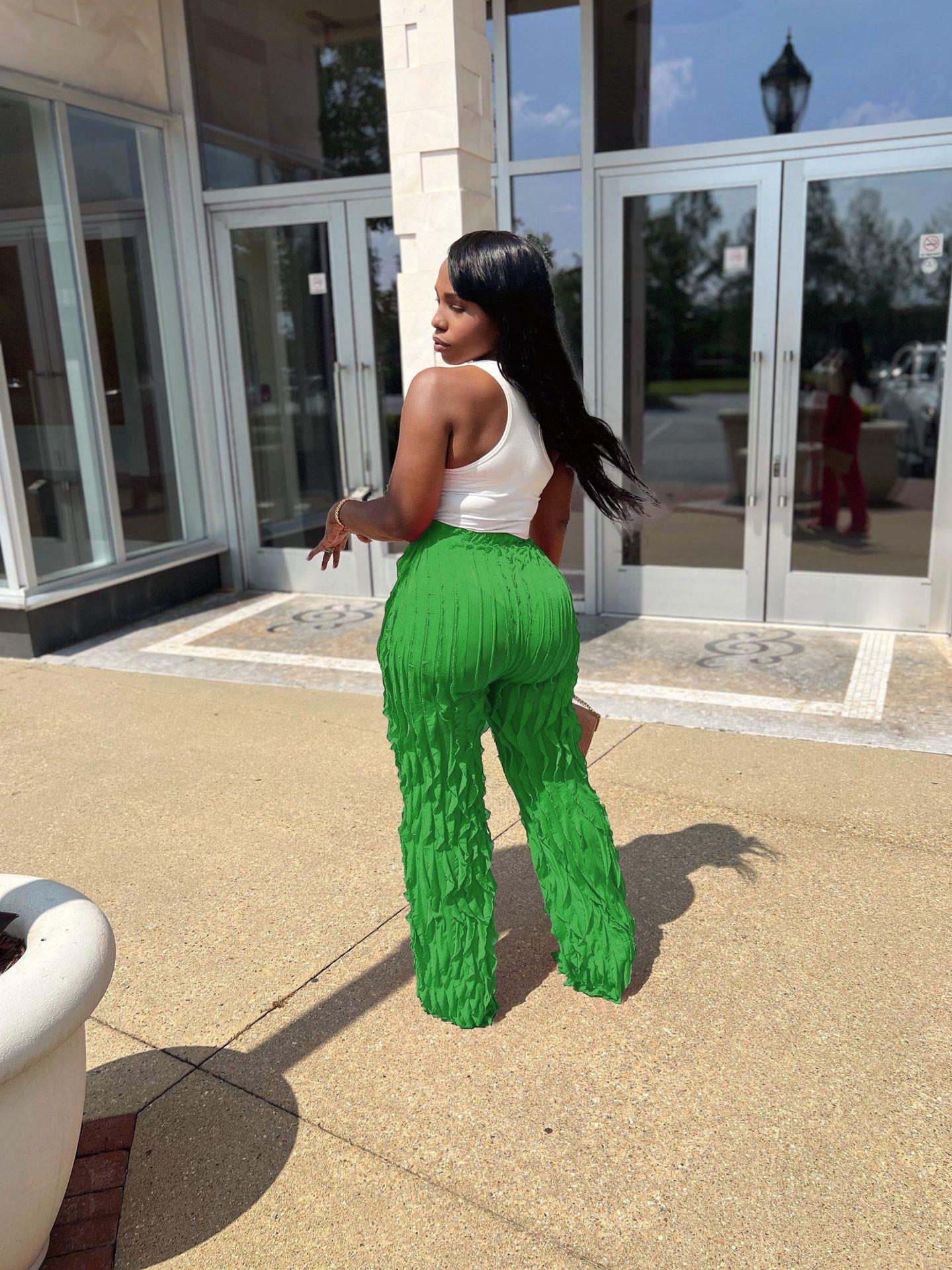 Women's Mesh Wave Pattern Ruffle Loose High Waist Wide Leg Trousers 15