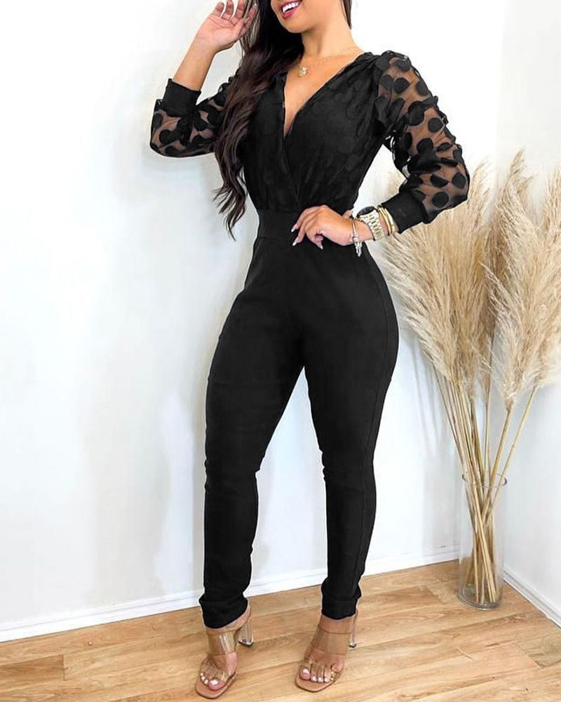 Career Women's Black Mesh Polka Dot Long Sleeve Jumpsuit 3