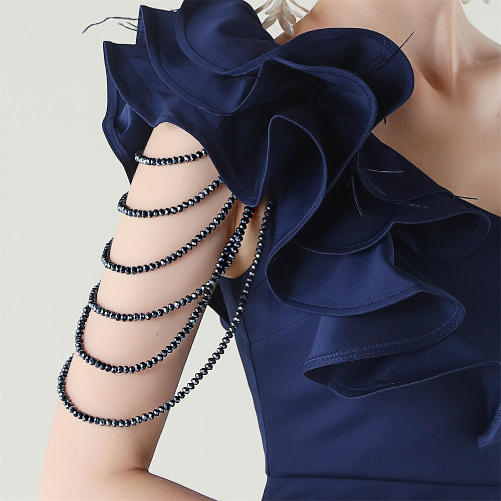 Women One-Shoulder Beaded Wool and Floral Satin Slit Sexy Evening Dress 71