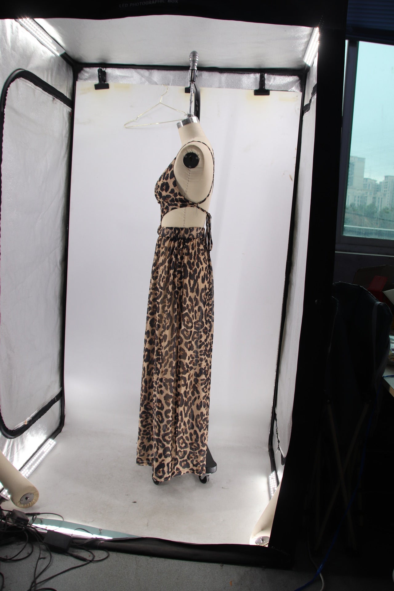 Women split leopard V Neck cross Backless Strap Dress 7