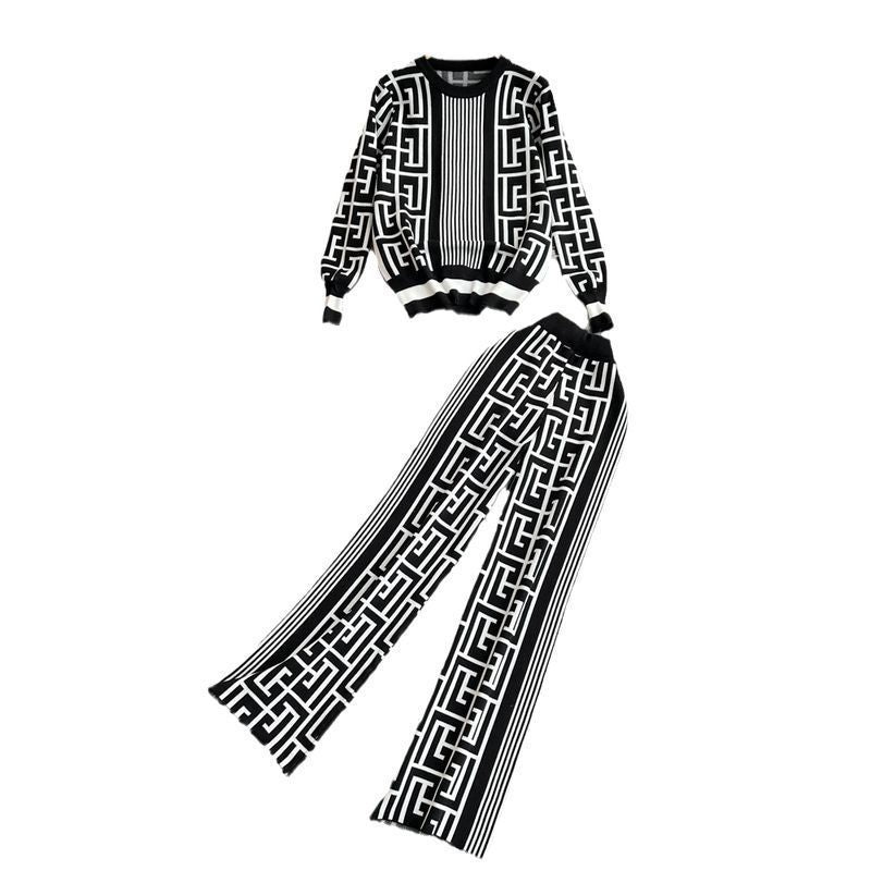 Women Long Sleeve Round Neck Jacquard Knitting Top and Wide Leg Pants Two-piece Set 6