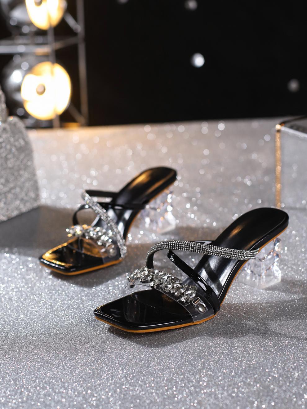 Women Square Toe Diamond Block Heel High Heel Open Toe Sandals 15