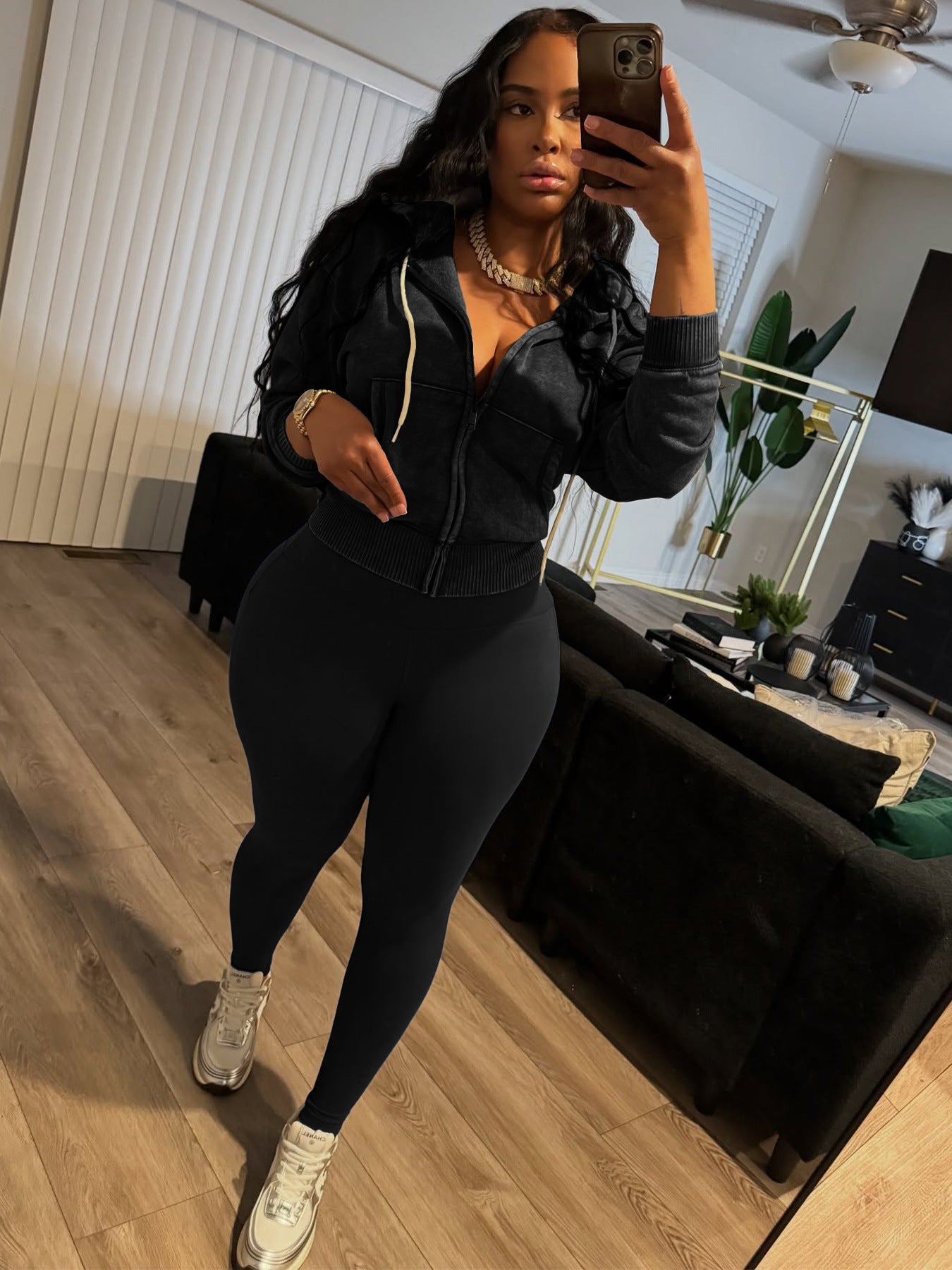 Fashion Women's Washed Zipper Hooded Top Yoga Pants Sport Casual Two-Piece Set 16