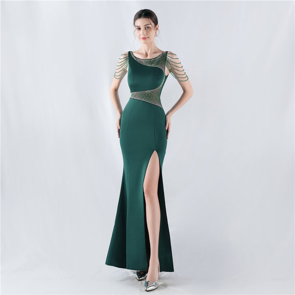 Women Beaded See-Through Mesh Split Evening Dress 15