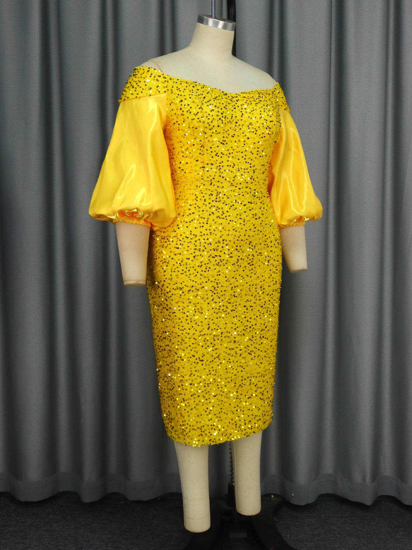 Elegant Off Shoulder Puff Sleeve Bodycon Formal Party Sequin Evening Dress 5