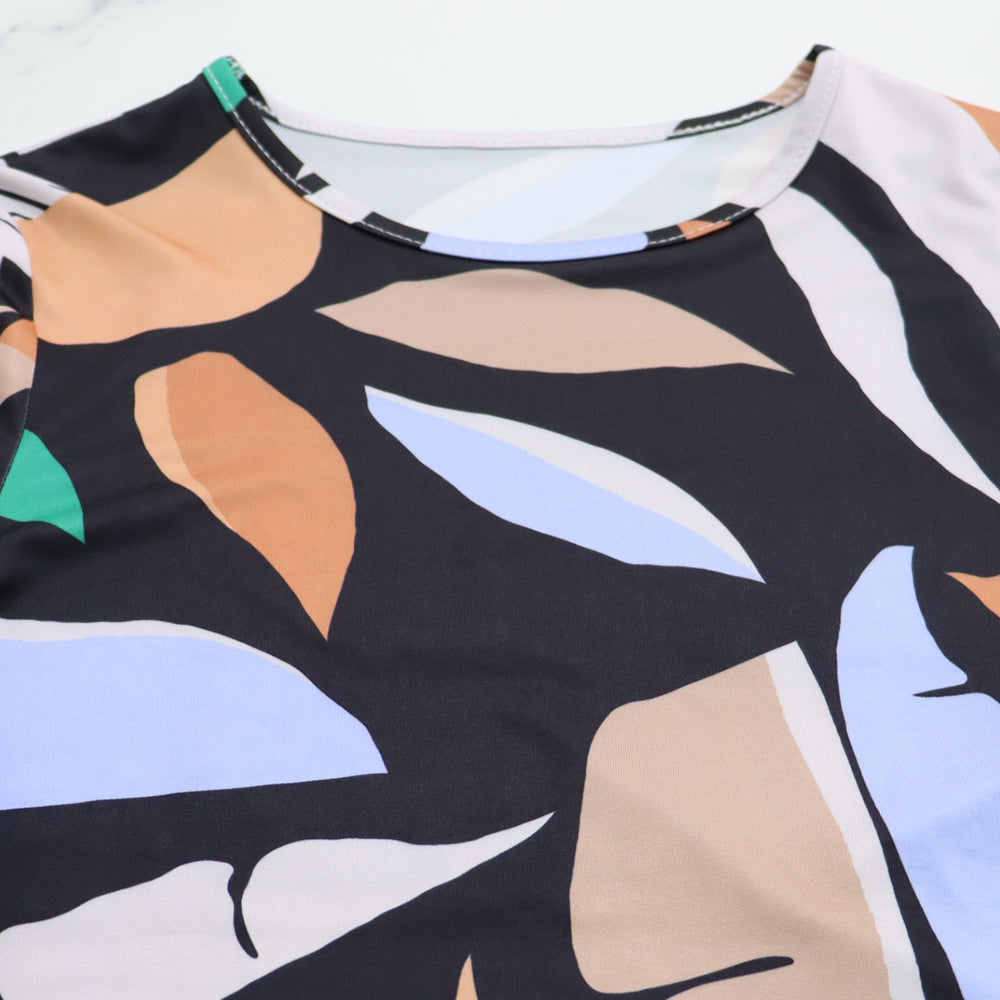 Women printed short-sleeved Casual Top and high-waisted trousers two-piece set 12