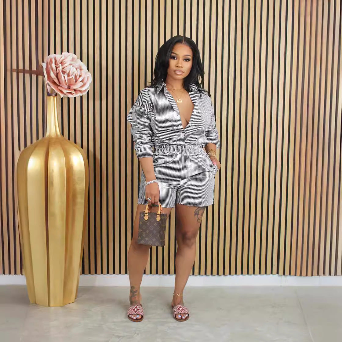 Women's Spring Summer Fashion Casual Striped Button Turndown Collar Shirt Shorts Two-Piece Set 8