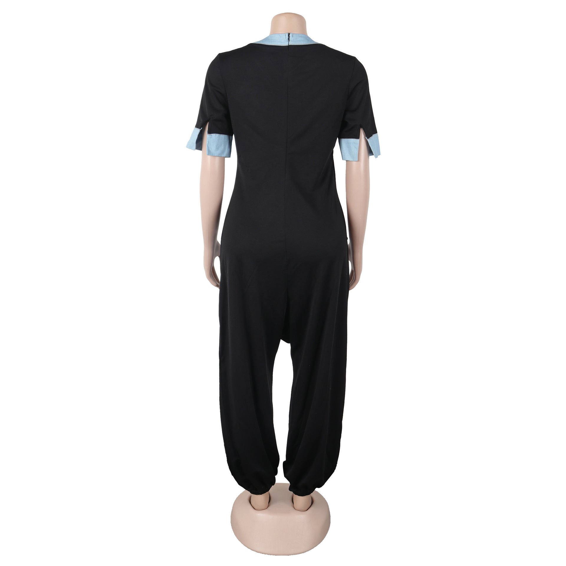 Women Casual Career V-Neck Patchwork Contrast Stretchy Denim Jumpsuit 11