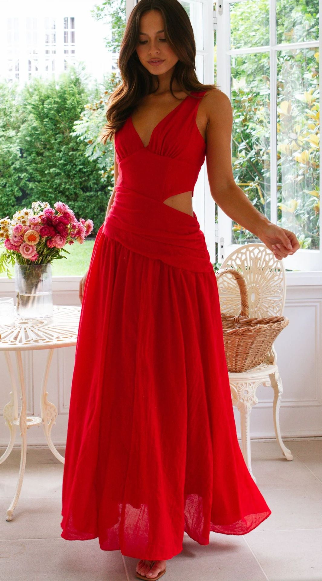 V-Neck Sleeveless Solid Color Patchwork Maxi Dress 4