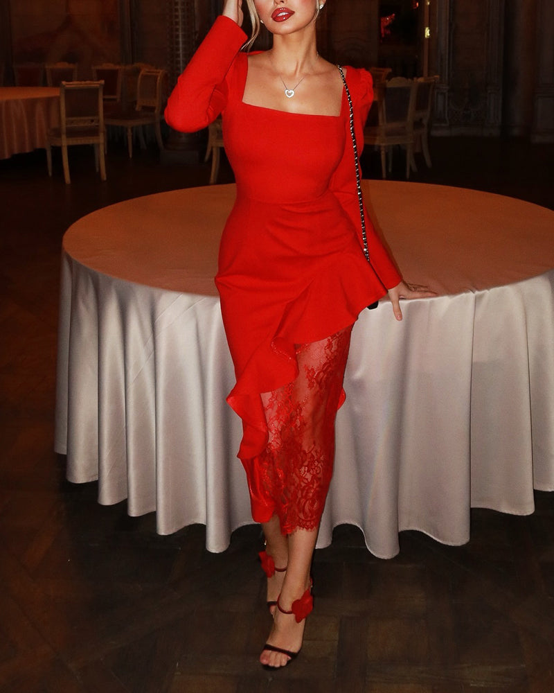 Women's Red Long Sleeve Square Neck Irregular Ruffle Lace Patchwork Dress 5