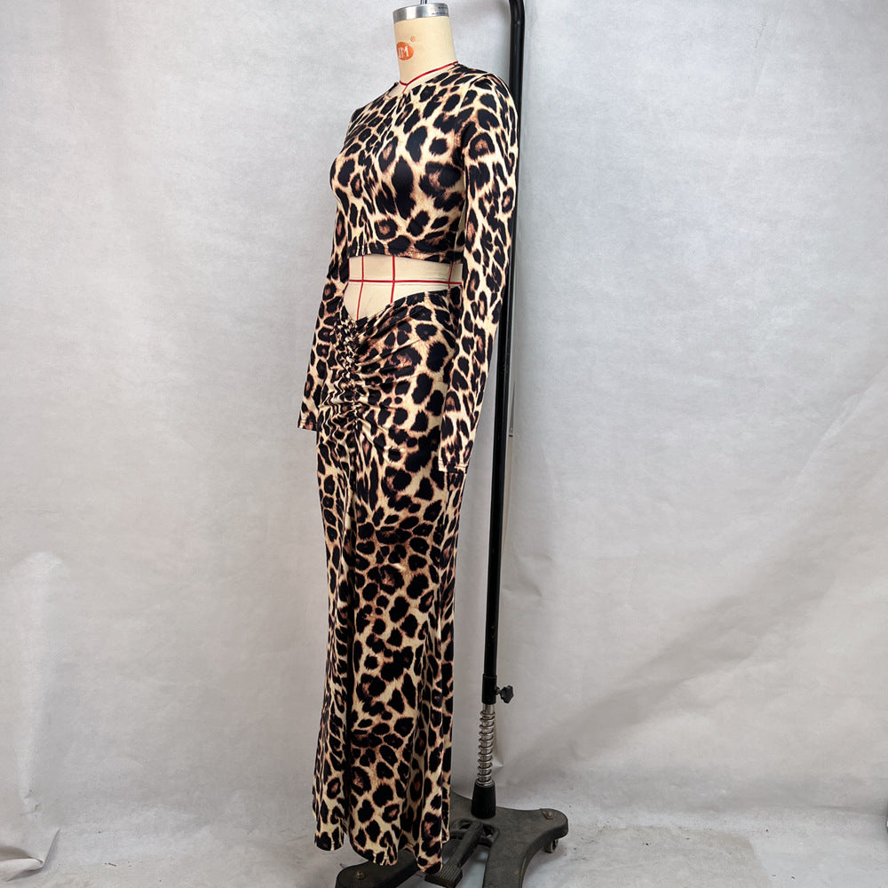 Women Fall and Winter Round Neck Long Sleeve Crop Top and Pleated Skirt Two-piece Set 7