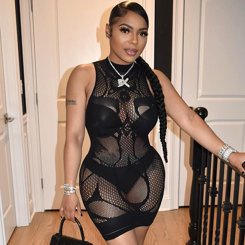 Fashion Women Spring Solid Color Sexy Bodycon Slim See-Through Dress 5