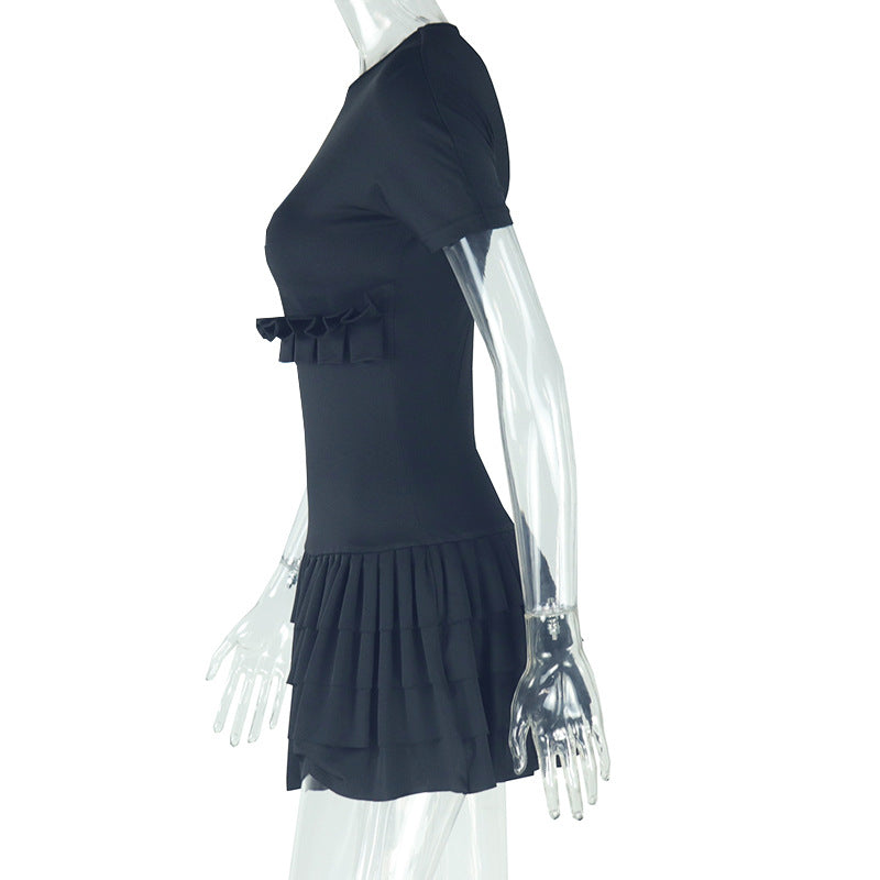 Women's Fashion Solid Color Tight Fitting Short Sleeve Round Neck Pleated Short Dress 9