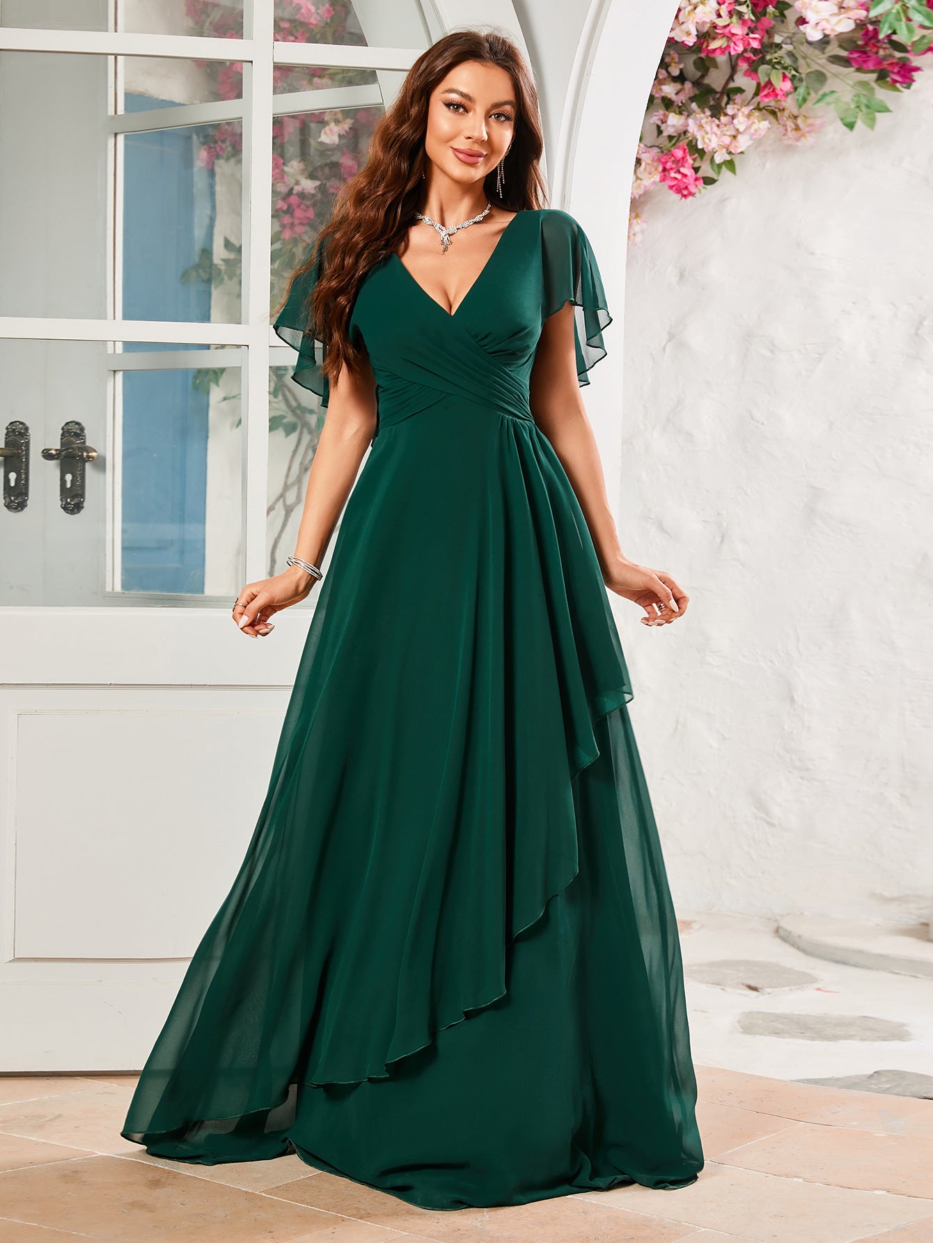 Women V-Neck Chiffon Ruffle Sleeve Pleated Irregular Bridesmaid Dress 7