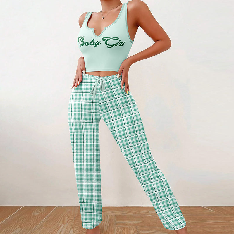 Girl Home Wear Letter Printed Vest Top Color Block Plaid Trousers Women's Pajamas 3