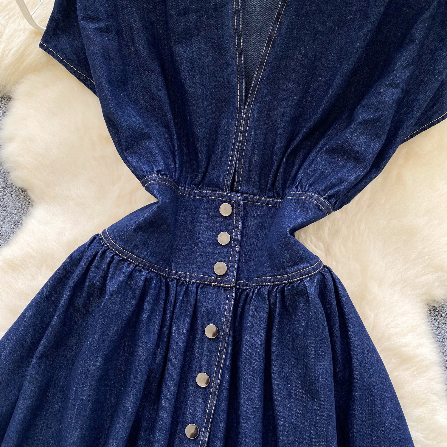 Women's Summer Deep V neck Slim Waist Buttoned Pleated Casual Denim Dress 7