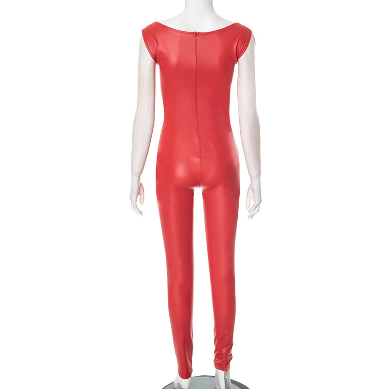 Women Solid Square Neck Zipper Sleeveless Stretchy Jumpsuit 6