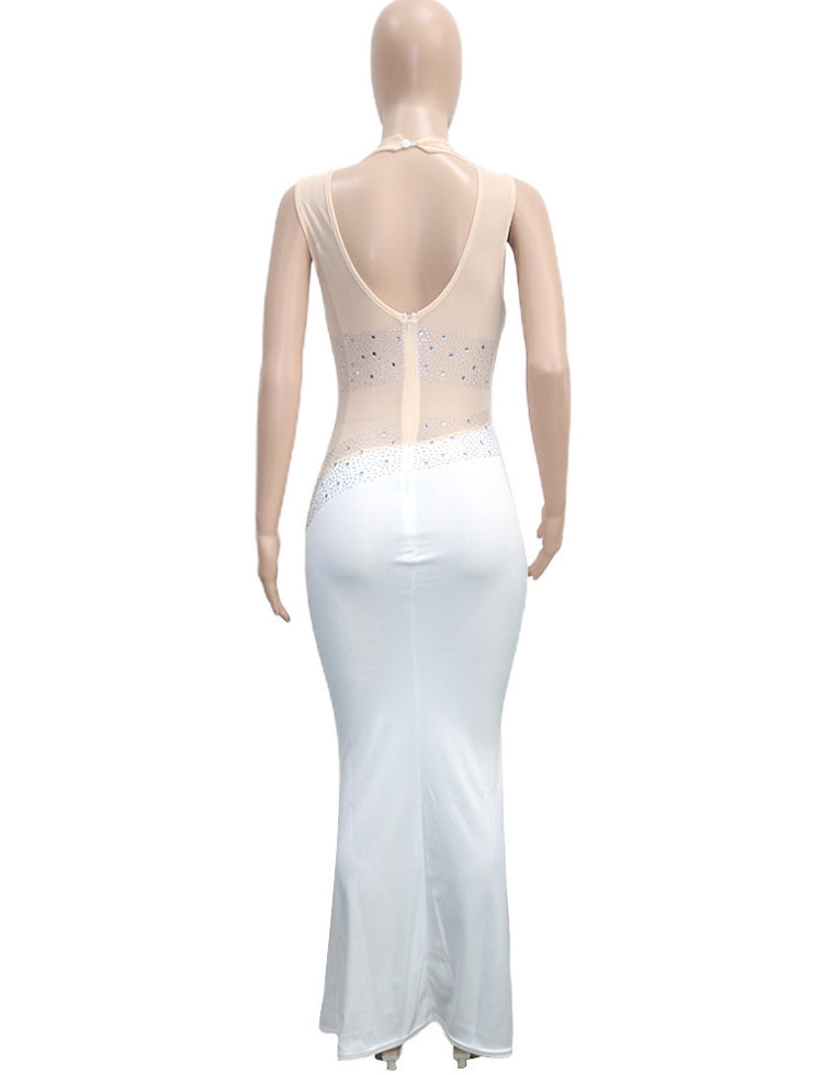 Winter Sexy White Beaded Mesh Patch Sleeveless Evening Dress 6