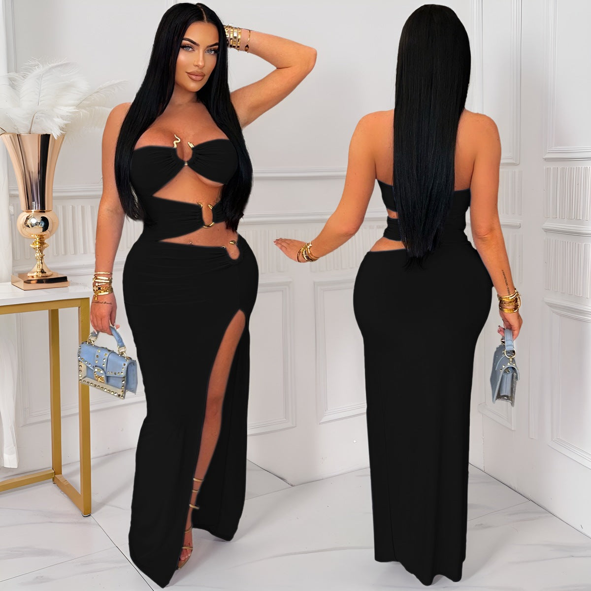Women Sexy Cutout Metallic Patchwork Slit Bodycon Maxi Dress 3