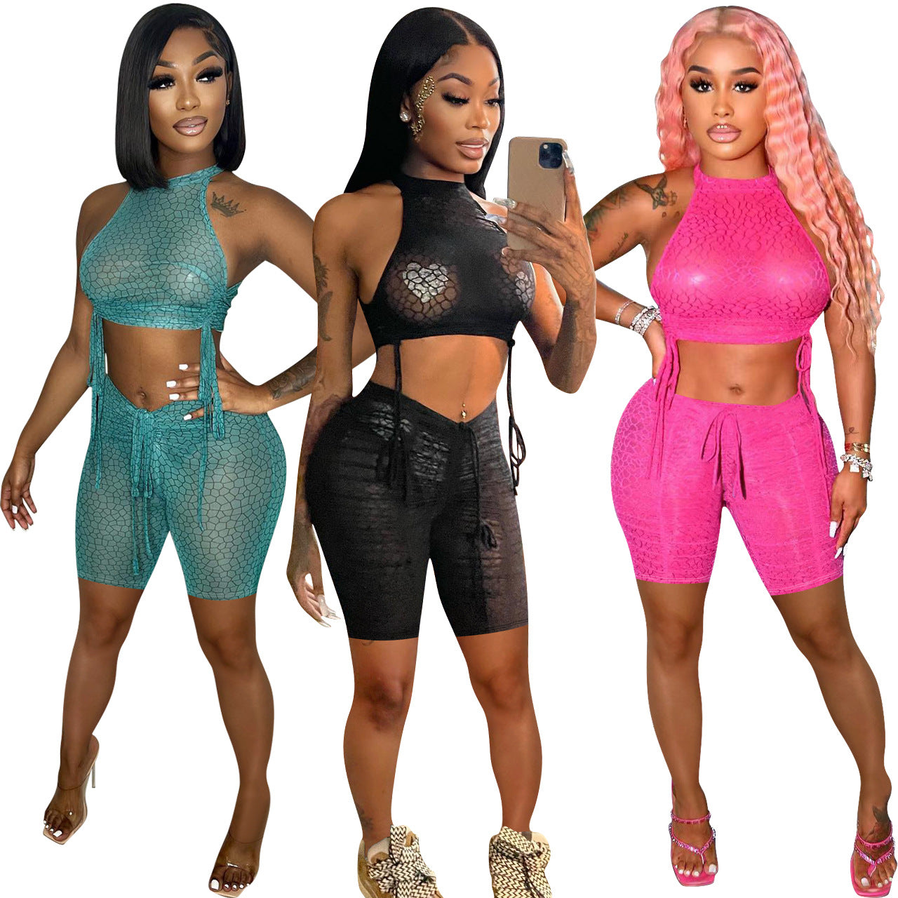 Women's Sexy Print See-Through Drawstring Dress 13