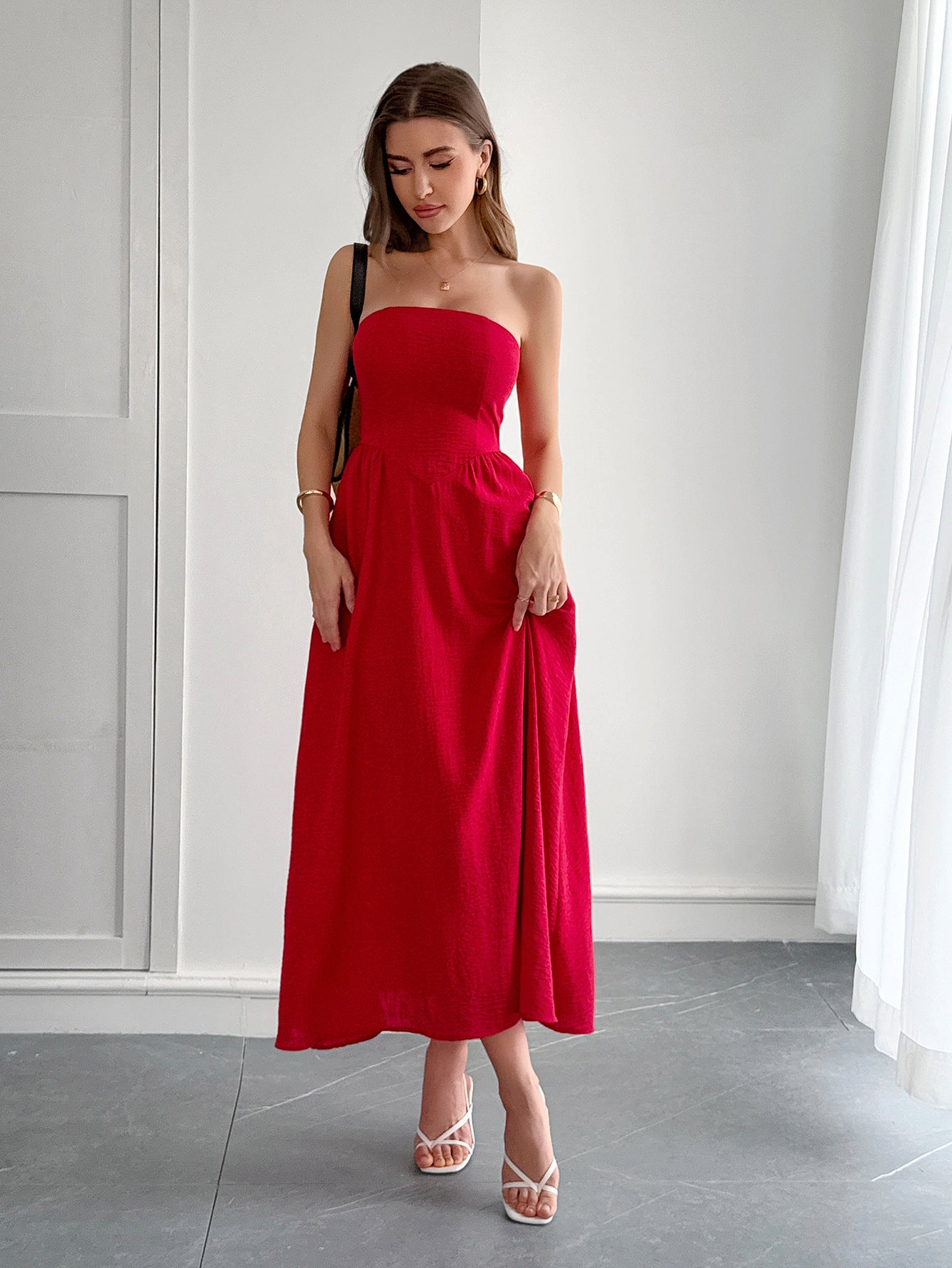 Spring/Summer Women's Elegant Holidays Strapless Slim Waist Long Dress 4