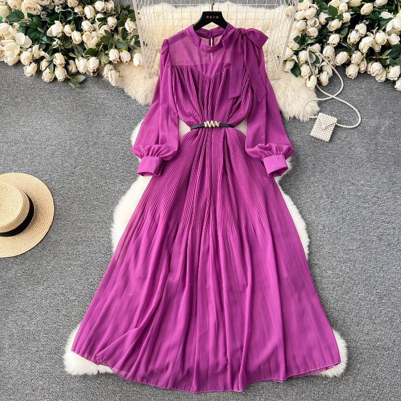 Spring Women's Bow Pleated Chiffon Puff Sleeve Long Dress 8