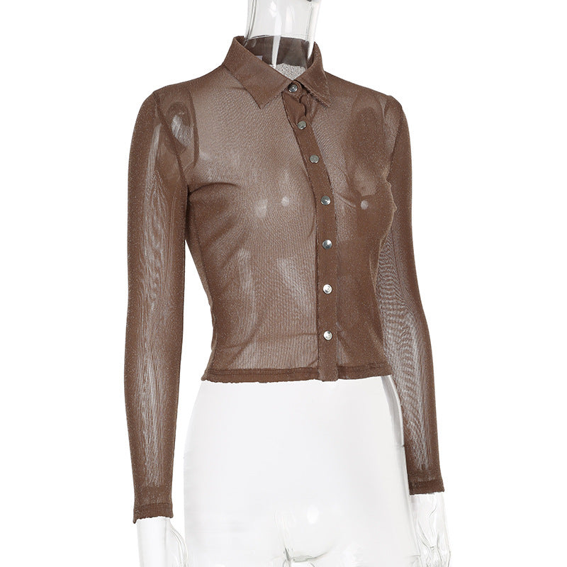 Thin See-Through V-Neck Slim-Fitting Long-Sleeved Blouse Buttoned Top For Women 8