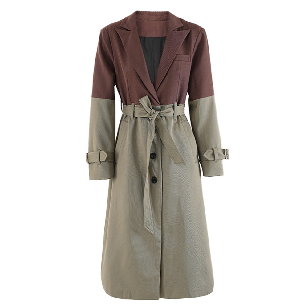 Women Fashion Contrast Patchwork Lace-Up Coat Windbreaker 3