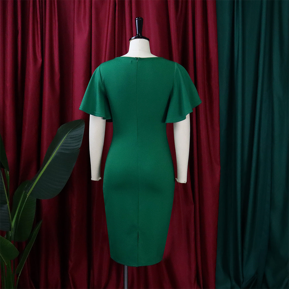 Women's Summer Solid Color High Waist Chic Career Ruffle Sleeve Office Dress 31