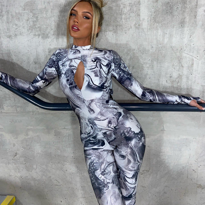 Women Hollow Long Sleeve Backless Printed Jumpsuit 7