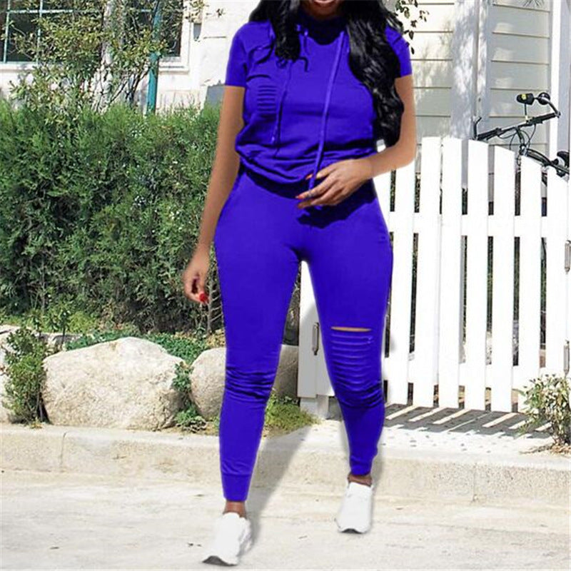 Women Summer Solid Hooded Short-Sleeved Top and Pants Two-Piece Set 4