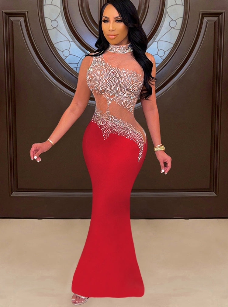 Winter Sexy Red Beaded Mesh Patch Sleeveless Evening Dress