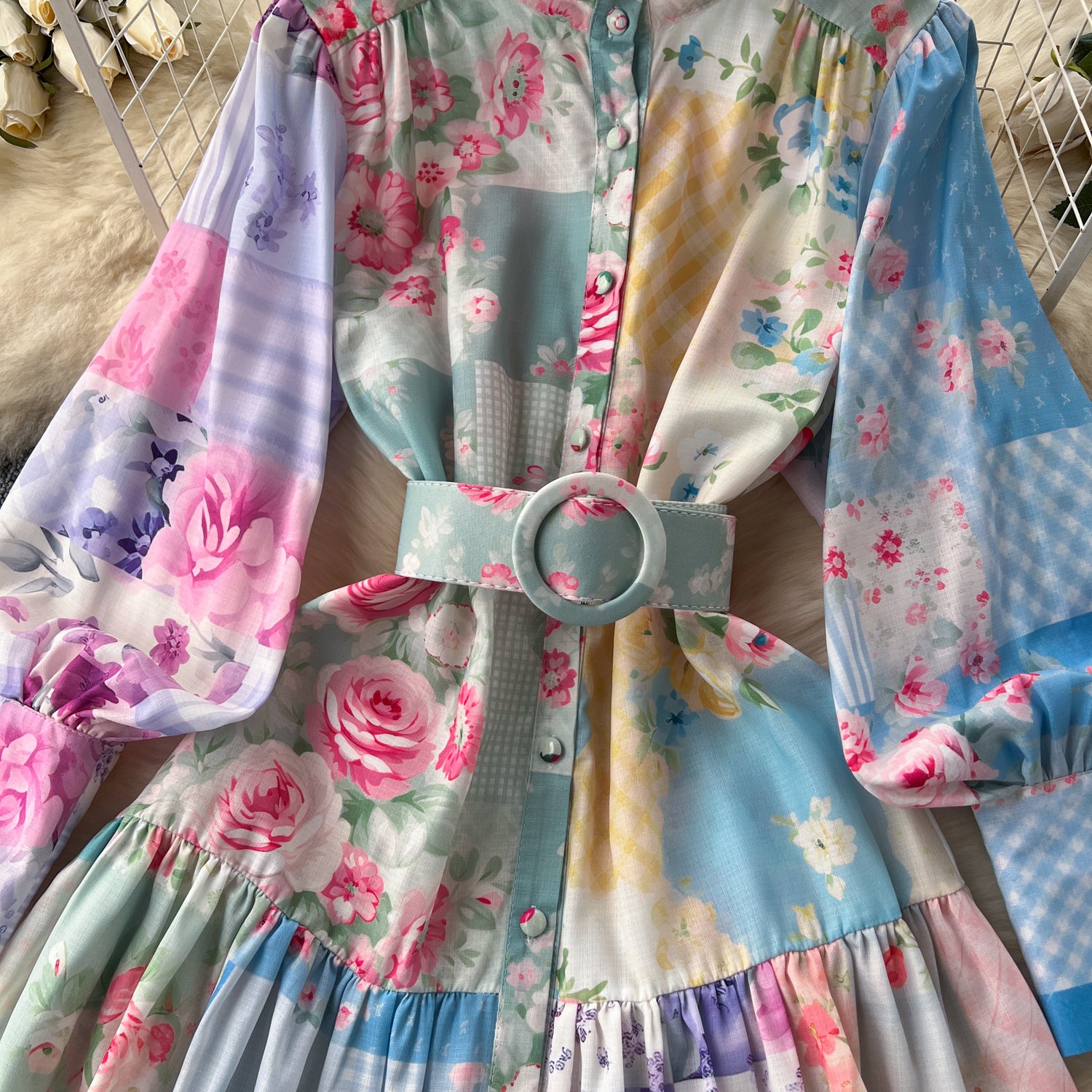 Women Stand Collar Lantern Long Sleeve Ruffle Printed Dress 15